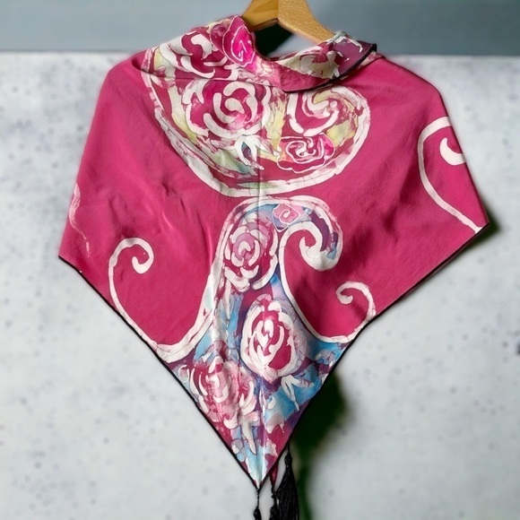 Vtg Kathy Robinson Silk Scarf Tie Dye Swirls Pink Black Trim & Tassels Triangle - Picture 4 of 16